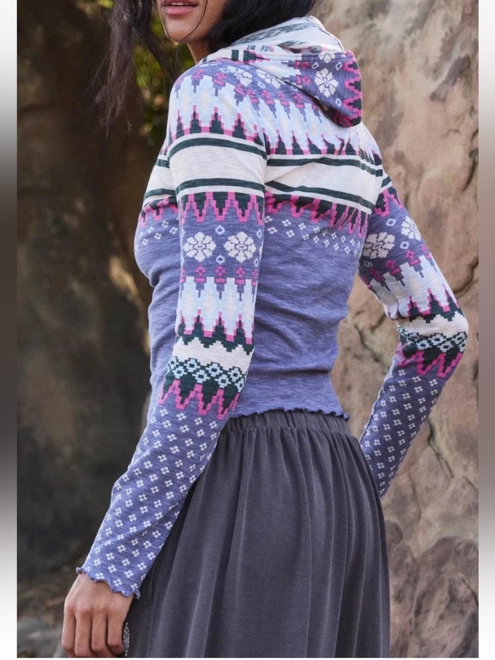 NWT FP Movement Free People Breathe Easy Top Medium M Fair Isle Purple Hoodie